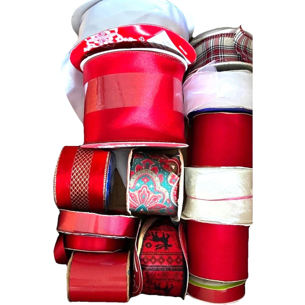 VTG 15 Christmas Holiday Gift Wrapping Ribbon Roll RED White velvet Satin Lot 15